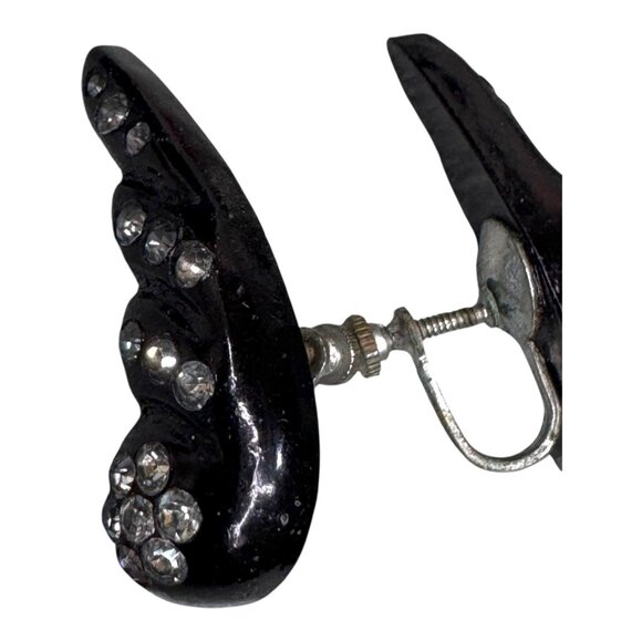 Vintage Black Clip-On Earrings Lucite Angel Wings Screw Back Rhinestone Accents - Picture 7 of 7